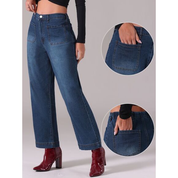 High Waisted Straight Leg Jeans Buttoned Loose Denim Pants Dark Blue - Picture 2 of 6